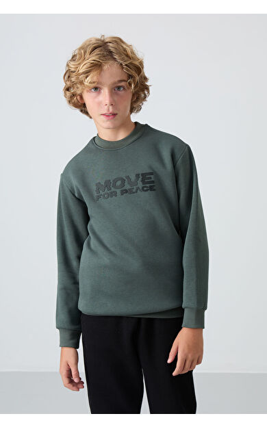 Haki Pamuklu Kalın İçi Tüylü Yumuşak Dokulu Standart Fit Baskılı Erkek Çocuk Sweatshirt - 11216