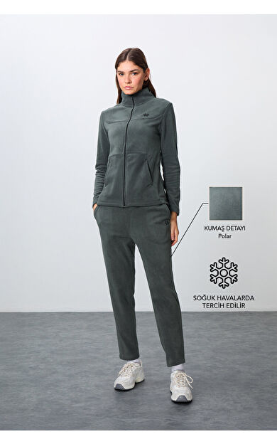 Haki Kalın Yumuşak Dokulu Dik Yaka Oversize Nakışlı Polar Kadın Eşofman Takım -95339