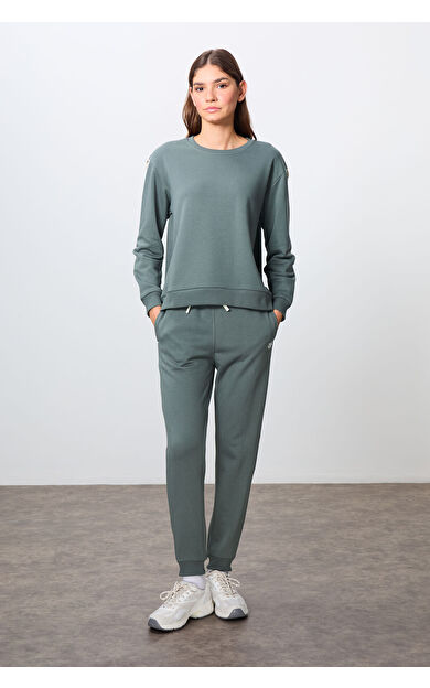 Haki Kompakt Pamuklu Kalın Pürüzsüz Dokulu O Yaka Oversize Fit Kadın Eşofman Takım - 95341