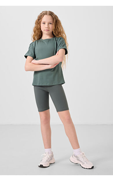 Haki Pamuklu Kısa Paça Standart Fit Basic Kız Çocuk Tayt - 75188
