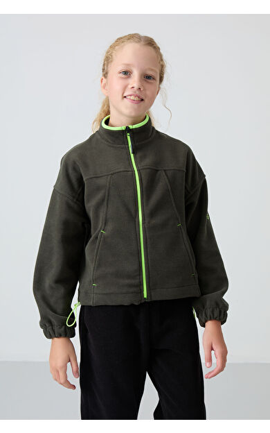 Haki Kalın Yumuşak Dokulu Standart Fit Nakışlı Polar Kız Çocuk Sweatshirt - 75157