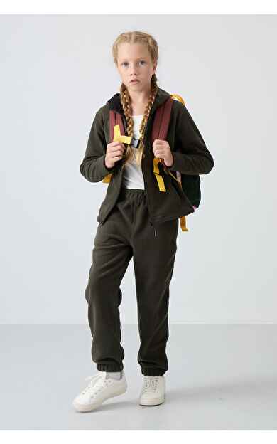 Haki Kalın Yumuşak Dokulu Standart Fit Nakışlı Polar Kız Çocuk Sweatshirt - 75152