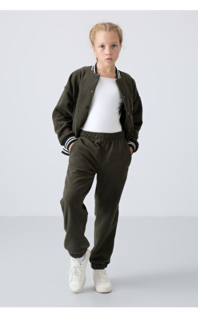 Haki Kalın Yumuşak Dokulu Standart Fit Nakışlı Polar Kız Çocuk Eşofman Alt - 75155