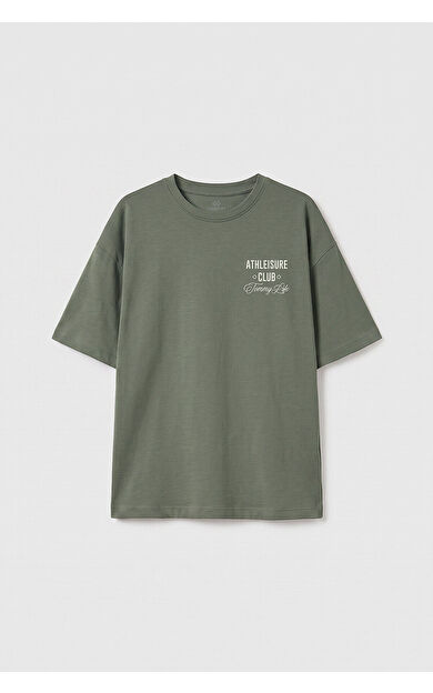 YENİ Haki Oversize Kısa Kollu Baskılı Kız Çocuk T-Shirt - 75175