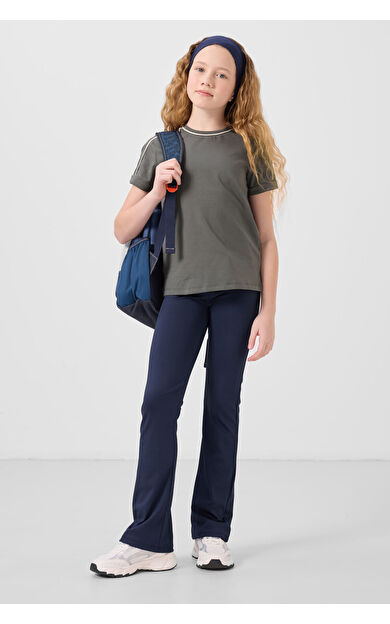 Haki Pamuklu O Yaka Standart Fit Basic Kız Çocuk T-Shirt - 75177