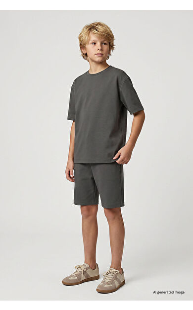Yeni Haki Oversize Fit Basic Erkek Çocuk Şort Takım - 11335