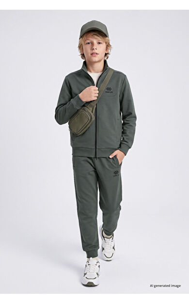 YENİ Haki Standart Fit Basic Dik Yaka Jogger Erkek Çocuk Eşofman Takım  - 11327