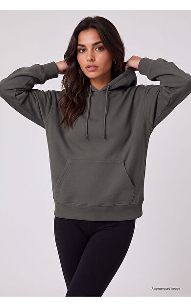 Yeni Haki Standart Kapüşonlu Kanguru Cepli Basic Kadın Sweatshirt - 97321