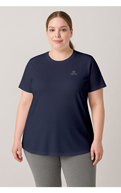 İndigo Baskılı O Yaka Rahat Form Battal Büyük Beden Kadın T-Shirt - 97308