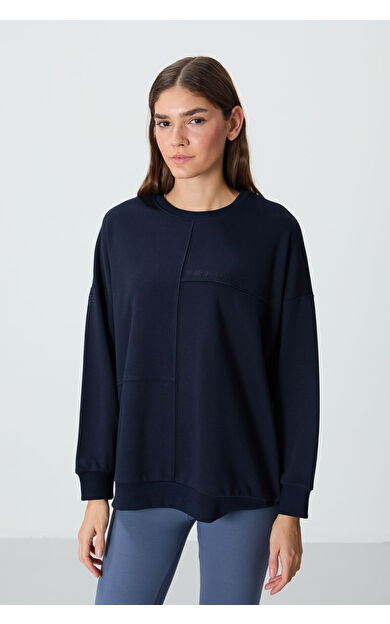 TommyLife İndigo Kompakt Pamuklu Kalın Pürüzsüz Dokulu O Yaka Oversize Fit Kadın Sweatshirt - 97288