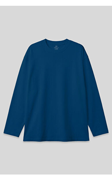 TommyLife İndigo O Yaka Rahat Form Battal Büyük Beden Uzun Kollu Erkek T-Shirt - 88107