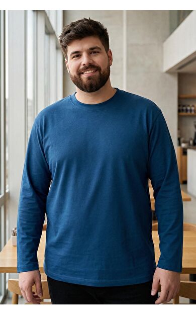 İndigo O Yaka Rahat Form Battal Büyük Beden Uzun Kollu Erkek T-Shirt - 88107