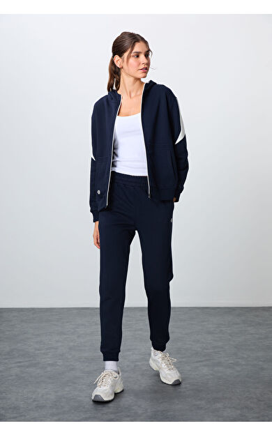 İndigo Kompakt Pamuklu Kalın Pürüzsüz Dokulu Kapüşonlu Oversize Fit Kadın Eşofman Takım - 95343