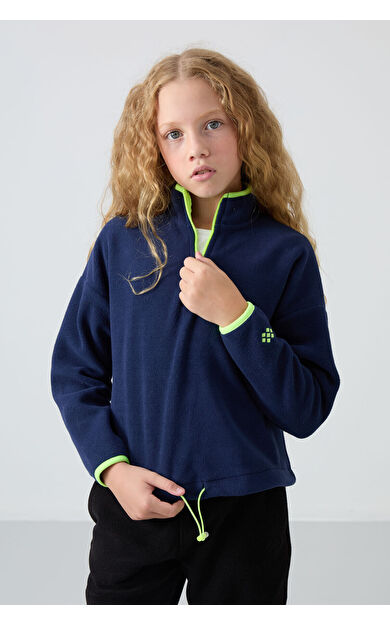 İndigo Kalın Yumuşak Dokulu Standart Fit Nakışlı Polar Kız Çocuk Sweatshirt - 75151