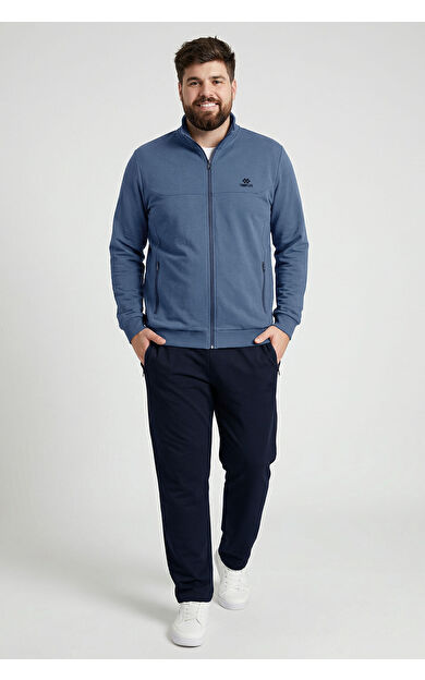 İndigo - Lacivert Dik Yaka Battal Büyük Beden Erkek Eşofman Takım - 85176