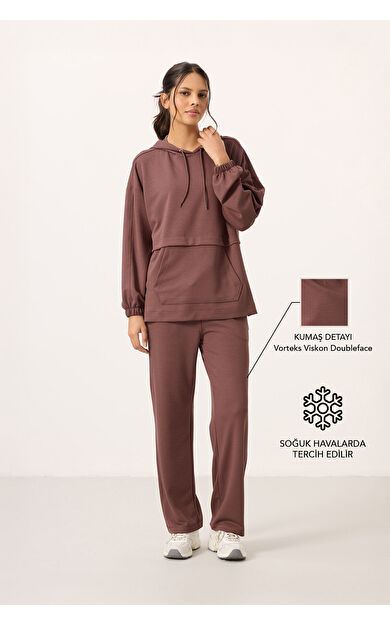 Kahverengi Yumuşak Dokulu Kapüşonlu Oversize Kadın Eşofman Tunik Takım - 95348