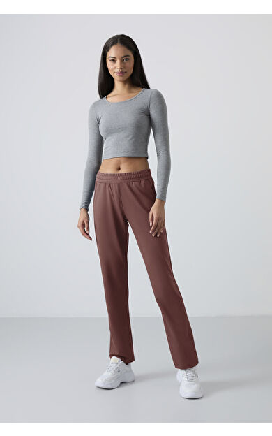 Kahverengi Yüksek Bel Cepli Rahat Form Klasik Paça Kadın Eşofman Alt - 94584