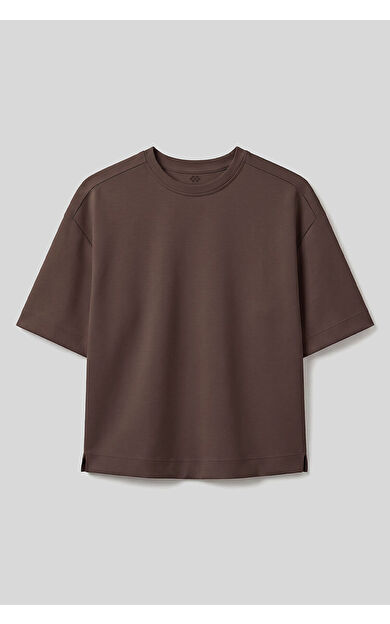 Kahverengi O Yaka Oversize Kısa Kollu Kadın T-Shirt - 97316