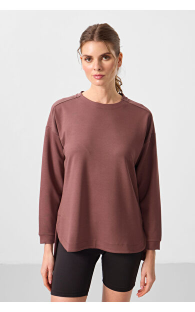 TommyLife Kahverengi Yumuşak Dokulu O Yaka Rahat Form Kadın Tunik Sweatshirt - 97305
