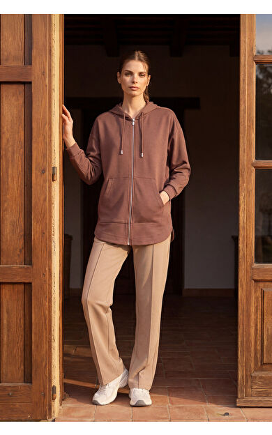 Kahverengi Yumuşak Dokulu Kapüşonlu Oversize Kadın Tunik Sweatshirt - 97302