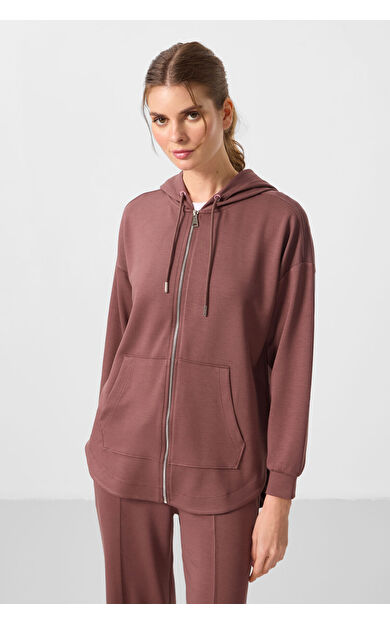 TommyLife Kahverengi Yumuşak Dokulu Kapüşonlu Oversize Kadın Tunik Sweatshirt - 97302