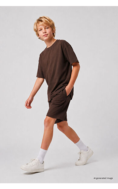 Yeni Kahverengi Oversize Fit Basic Erkek Çocuk Şort Takım - 11335