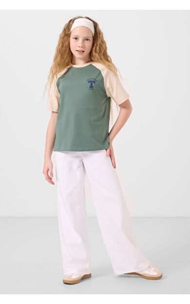 Açık Yeşil O Yaka  Pamuklu Baskılı Oversize Fit Kız Çocuk T-Shirt - 75179