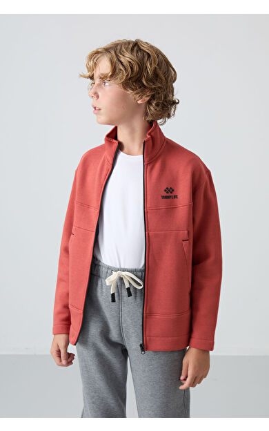 Kiremit Pamuklu Kalın İçi Tüylü Yumuşak Dokulu Standart Fit Nakışlı Erkek Çocuk Sweatshirt - 11245