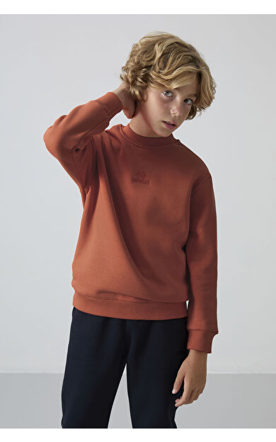 TommyLife Kiremit Pamuklu Kalın İçi Tüylü Yumuşak Dokulu Standart Fit Nakışlı Erkek Çocuk Sweatshirt - 11232