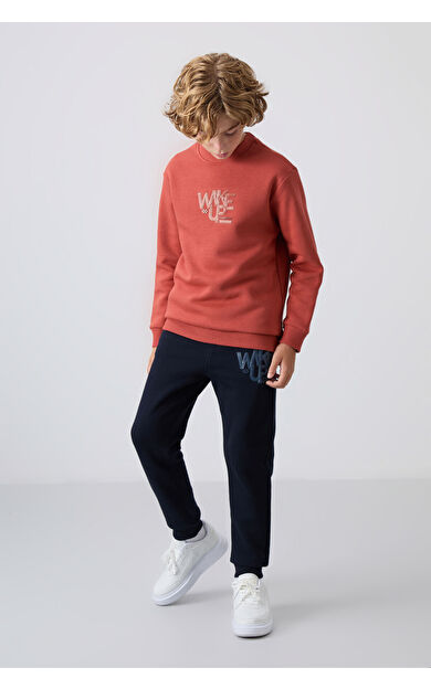 Kiremit-Lacivert Pamuklu Kalın İçi Tüylü Standart Fit Baskılı Erkek Çocuk Eşofman Takım - 11253