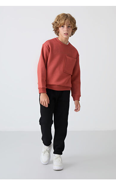 Kiremit-Siyah Pamuklu Kalın İçi Tüylü Standart Fit Baskılı Erkek Çocuk Eşofman Takım - 11257