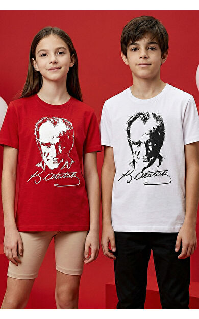Kırmızı Atatürk Baskılı Unisex T-Shirt - 11332
