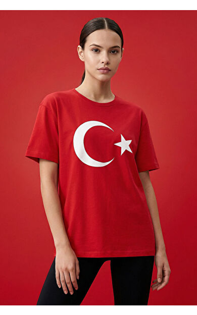 Kırmızı Ay Yıldız Baskılı Unisex T-Shirt - 88509