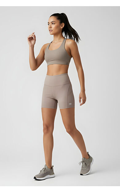 Koyu Bej Kemer Detaylı Yüksek Bel Slim Fit Kısa Biker Kadın Tayt - 91017