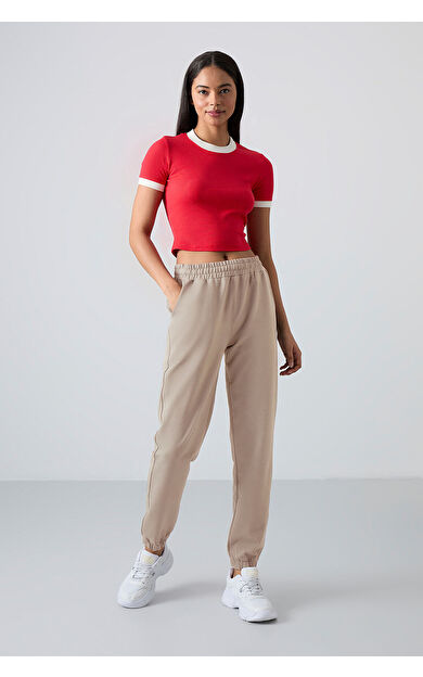Koyu Bej Cepli Yüksek Bel Rahat Form Lastik Paça Kadın Eşofman Alt - 94583