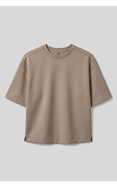 Koyu Bej O Yaka Oversize Kısa Kollu Kadın T-Shirt - 97316