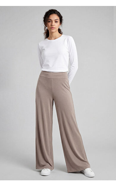 Koyu Bej Comfort Fit Geniş Paça Korsajlı Palazzo Kadın Pantolon - 94681