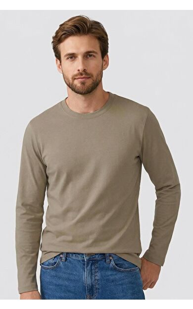 Koyu Bej Standart Fit Basic O Yaka Uzun Kollu İnce Erkek T-Shirt - 87997