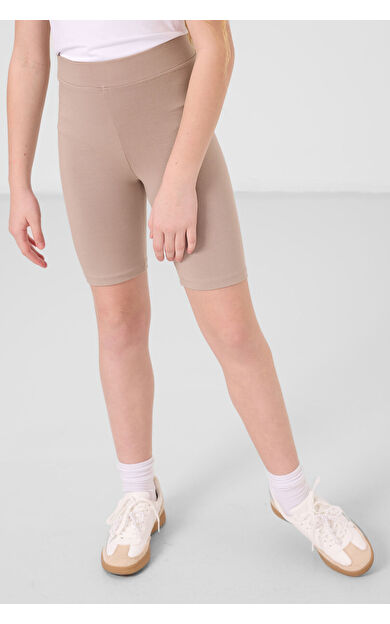 Koyu Bej Pamuklu Kısa Paça Standart Fit Basic Kız Çocuk Tayt - 75188