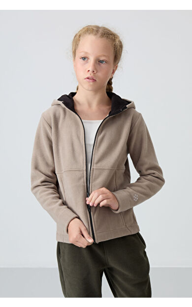 Koyu Bej Kalın Yumuşak Dokulu Standart Fit Nakışlı Polar Kız Çocuk Sweatshirt - 75152