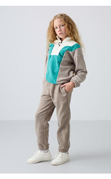 Koyu Bej Kalın Yumuşak Dokulu Standart Fit Nakışlı Polar Kız Çocuk Eşofman Alt - 75155