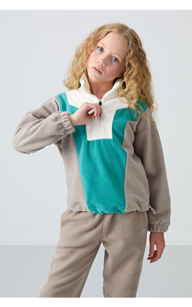 Koyu Bej Kalın Yumuşak Dokulu Oversize Nakışlı Polar Kız Çocuk Sweatshirt - 75153