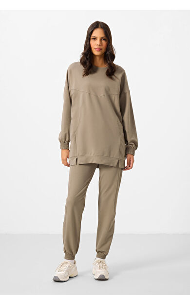 Koyu Bej O Yaka Basic Oversize Kadın Eşofman Tunik Takım - 95347