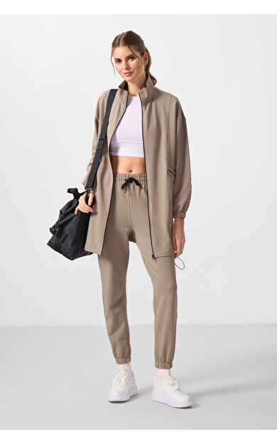 Koyu Bej Dik Yaka Fermuarlı Rahat Form Kadın Eşofman Tunik Takım - 95345