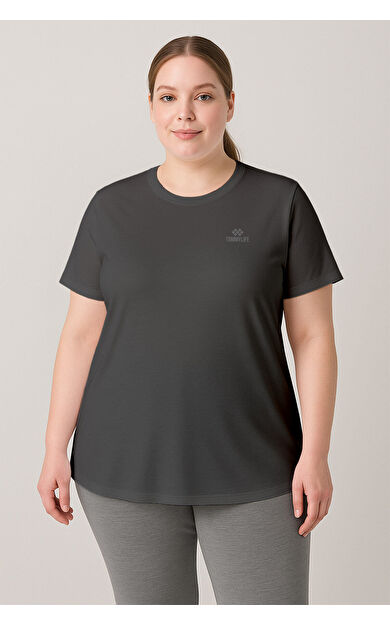 Koyu Gri Baskılı O Yaka Rahat Form Battal Büyük Beden Kadın T-Shirt - 97308