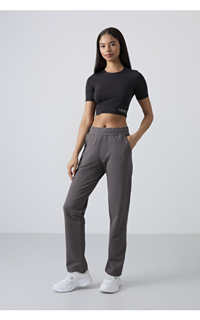 Koyu Gri Yüksek Bel Cepli Rahat Form Klasik Paça Kadın Eşofman Alt - 94584