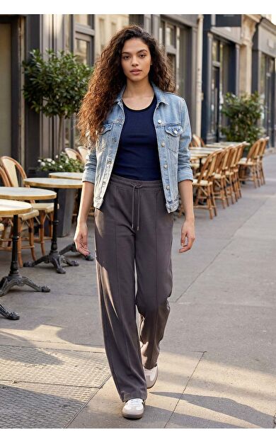 Koyu Gri Yumuşak Dokulu Cepli Ön Dikiş Detaylı Kadın Palazzo Pantolon - 94670