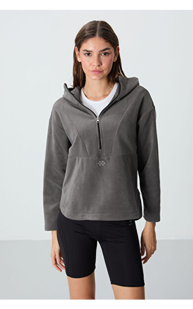 Koyu Gri Kalın Yumuşak Dokulu Kapüşonlu Oversize Nakışlı Polar Kadın Sweatshirt -97286