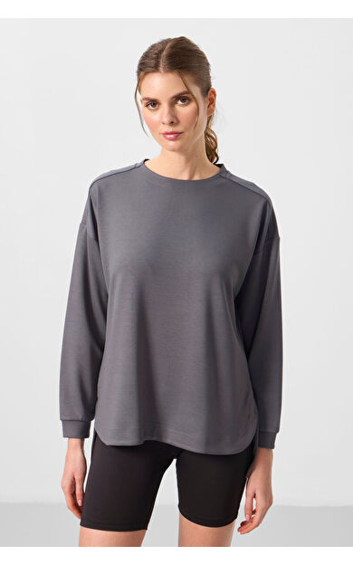 Koyu Gri Yumuşak Dokulu O Yaka Rahat Form Kadın Tunik Sweatshirt - 97305