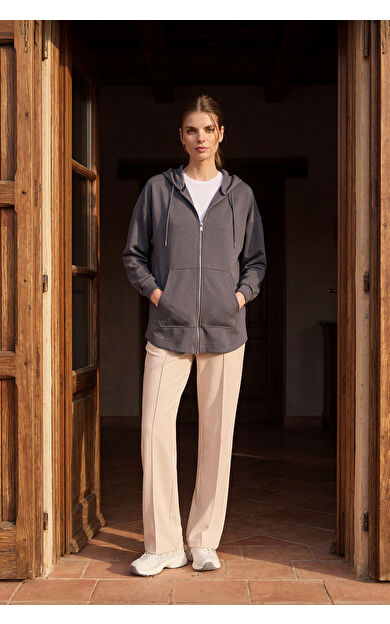 Koyu Gri Yumuşak Dokulu Kapüşonlu Oversize Kadın Tunik Sweatshirt - 97302